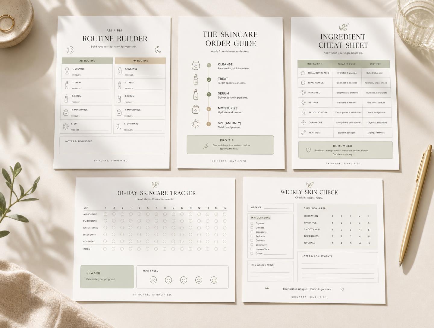 Pagina's uit CLEAR30: routine builder, skincare order guide, ingredient cheat sheet, 30-day tracker en weekly skin check