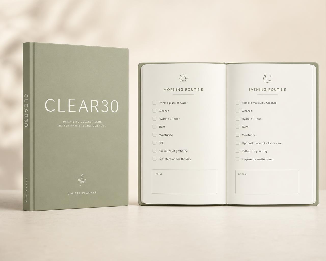 CLEAR30 planner met ochtend- en avondroutine checklist